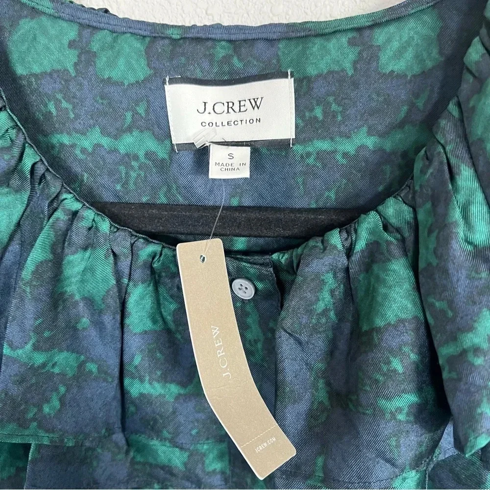 New J. Crew Collection Silk Twill Ruffle-collar Blouse Top Plaid Green Blue NWT